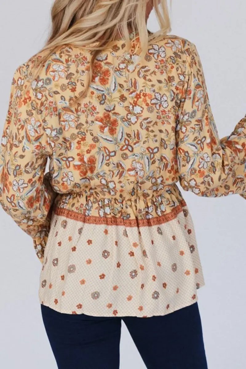 Flare Sleeve Peplum Blouse with Printed Surplice Design - Love Salve